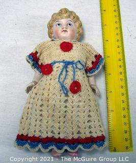 Antique Doll:  Early 7-7.5" German Bisque Doll (#5) in Crocheted Dress