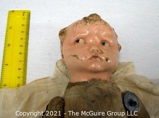 Antique Doll: Early 1900's? Unmarked 11.5" Painted Ceramic Head and Hands; Pouty: Side Glance