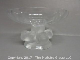 Lalique France Crystal Nogent Sparrow Bird Frosted Pedestal Compote Bowl; signed; 4 1/2" diameter at rim