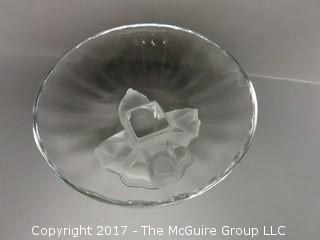 Lalique France Crystal Nogent Sparrow Bird Frosted Pedestal Compote Bowl; signed; 4 1/2" diameter at rim