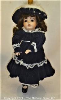 Doll:  marked "M&M" dated 1981 bisque head doll w/ jointed composition body in royal blue outfit