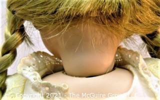 Doll:  H. Handwerk German Bisque Google Eye Doll Head created by Isabell Young - Soft Body  Side Braided w/ Teddy Bear Prop