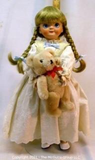 Doll:  H. Handwerk German Bisque Google Eye Doll Head created by Isabell Young - Soft Body  Side Braided w/ Teddy Bear Prop