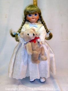 Doll:  H. Handwerk German Bisque Google Eye Doll Head created by Isabell Young - Soft Body  Side Braided w/ Teddy Bear Prop