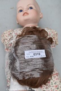 Doll: Vintage Style Custom Made by Sarah Young. Ceramic Head and Extremities' (repaired leg)