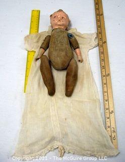 Antique Doll: Early 1900's unmarked 11.5;" Painted Ceramic Head and Hands; Pouty: Side Glance