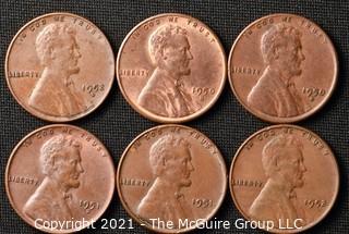 Coins: (6) Lincoln Wheat Cents: 1950-52  