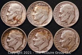 Coins: Six Silver Roosevelt Dimes 1949-51 (P-D-S)