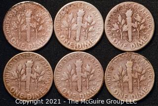 Coins: Six Silver Roosevelt Dimes 1949-51 (P-D-S)