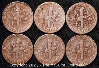 Coins: Six Silver Roosevelt Dimes 1949-51 (P-D-S)