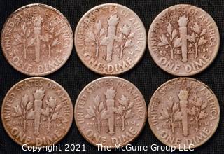 Coins: Six Silver Roosevelt Dimes 1949-51 (P-D-S)