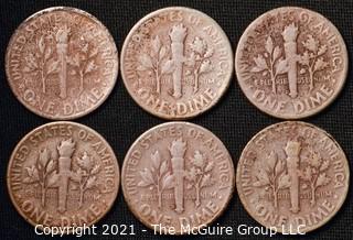 Coins: Six Silver Roosevelt Dimes 1949-51 (P-D-S)