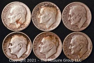 Coins: Six Silver Roosevelt Dimes 1949-51 (P-D-S)