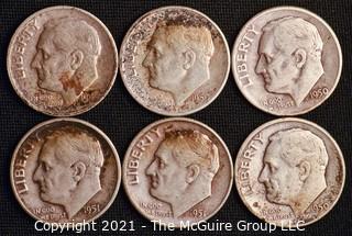 Coins: Six Silver Roosevelt Dimes 1949-51 (P-D-S)