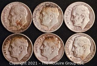 Coins: Six Silver Roosevelt Dimes 1949-51 (P-D-S)