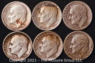 Coins: Six Silver Roosevelt Dimes 1949-51 (P-D-S)