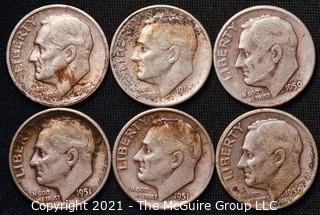 Coins: Six Silver Roosevelt Dimes 1949-51 (P-D-S)