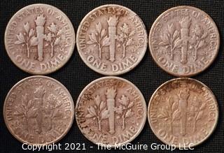 Coins: Six Silver Roosevelt Dimes 1947-49 (P-D-S)