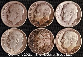 Coins: Six Silver Roosevelt Dimes 1947-49 (P-D-S)