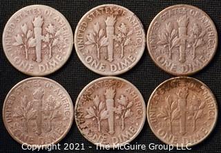 Coins: Six Silver Roosevelt Dimes 1947-49 (P-D-S)