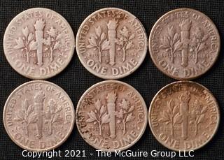 Coins: Six Silver Roosevelt Dimes 1947-49 (P-D-S)