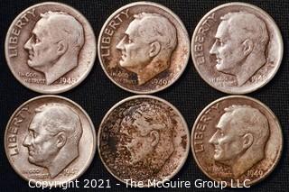 Coins: Six Silver Roosevelt Dimes 1947-49 (P-D-S)