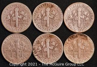 Coins: Six Silver Roosevelt Dimes 1947-49 (P-D-S)