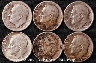 Coins: Six Silver Roosevelt Dimes 1947-49 (P-D-S)