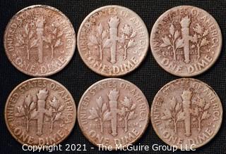 Coins: Six Silver Roosevelt Dimes 1947-49 (P-D-S)