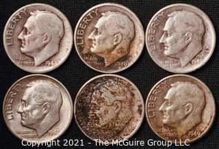 Coins: Six Silver Roosevelt Dimes 1947-49 (P-D-S)