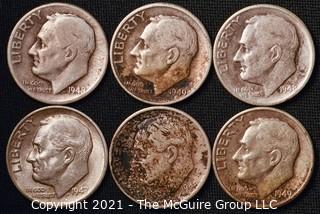 Coins: Six Silver Roosevelt Dimes 1947-49 (P-D-S)