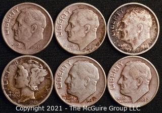 Coins: Six Silver Dimes; 1-Mercury and 5-Roosevelt; 1945-47 (P-D-S) 