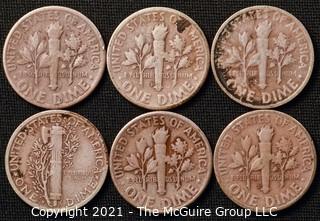 Coins: Six Silver Dimes; 1-Mercury and 5-Roosevelt; 1945-47 (P-D-S) 