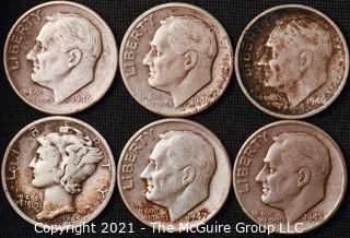 Coins: Six Silver Dimes; 1-Mercury and 5-Roosevelt; 1945-47 (P-D-S) 