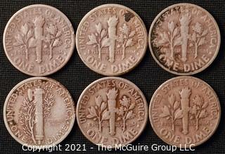 Coins: Six Silver Dimes; 1-Mercury and 5-Roosevelt; 1945-47 (P-D-S) 