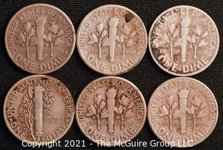 Coins: Six Silver Dimes; 1-Mercury and 5-Roosevelt; 1945-47 (P-D-S) 