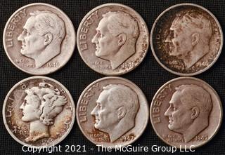 Coins: Six Silver Dimes; 1-Mercury and 5-Roosevelt; 1945-47 (P-D-S) 