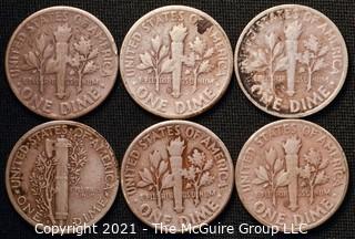 Coins: Six Silver Dimes; 1-Mercury and 5-Roosevelt; 1945-47 (P-D-S) 