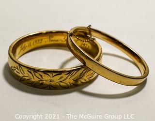 Two (2) 12 kt Gold Filled Hinged Bangle Bracelets Engraved. One made by Craftmere.   