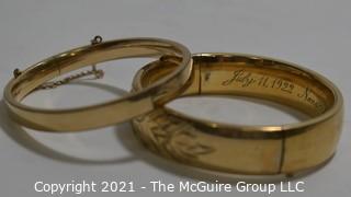 Two (2) 12 kt Gold Filled Hinged Bangle Bracelets Engraved. One made by Craftmere.   