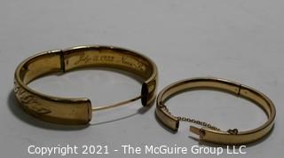 Two (2) 12 kt Gold Filled Hinged Bangle Bracelets Engraved. One made by Craftmere.   