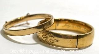 Two (2) 12 kt Gold Filled Hinged Bangle Bracelets Engraved. One made by Craftmere.   