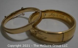 Two (2) 12 kt Gold Filled Hinged Bangle Bracelets Engraved. One made by Craftmere.   