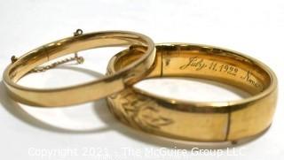 Two (2) 12 kt Gold Filled Hinged Bangle Bracelets Engraved. One made by Craftmere.   