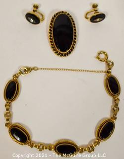 Vintage White Co 12 Kt. Gold Filled Four (4) Piece Jewelry Set.  Includes Prong Set Onyx with Pendant or Brooch, Screw Back Earrings Crystal Accent and Matching Link Bracelet. 