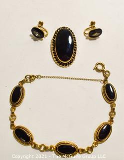 Vintage White Co 12 Kt. Gold Filled Four (4) Piece Jewelry Set.  Includes Prong Set Onyx with Pendant or Brooch, Screw Back Earrings Crystal Accent and Matching Link Bracelet. 