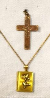 Two Vintage Gold Filled Pendants - Locket & Cross.