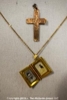 Two Vintage Gold Filled Pendants - Locket & Cross.