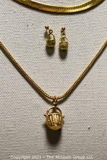 Group of Gold Filled Jewelry.  Includes Flat Herringbone Chain Necklace, Long Chain with Basket Pendant and Matching Pierced Earrings.