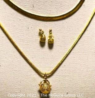 Group of Gold Filled Jewelry.  Includes Flat Herringbone Chain Necklace, Long Chain with Basket Pendant and Matching Pierced Earrings.